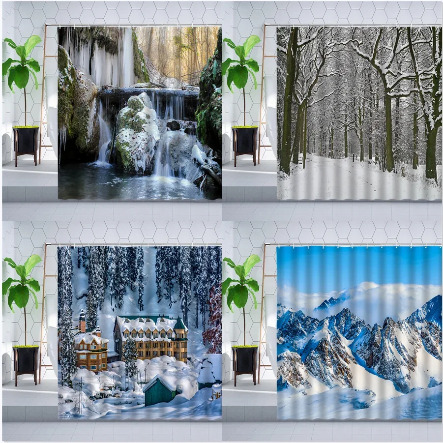 Winter Scenery Shower Curtain Waterfall Forest House Snow Mountain Natural Landscape Bathroom Decorations Polyester Curtains Set