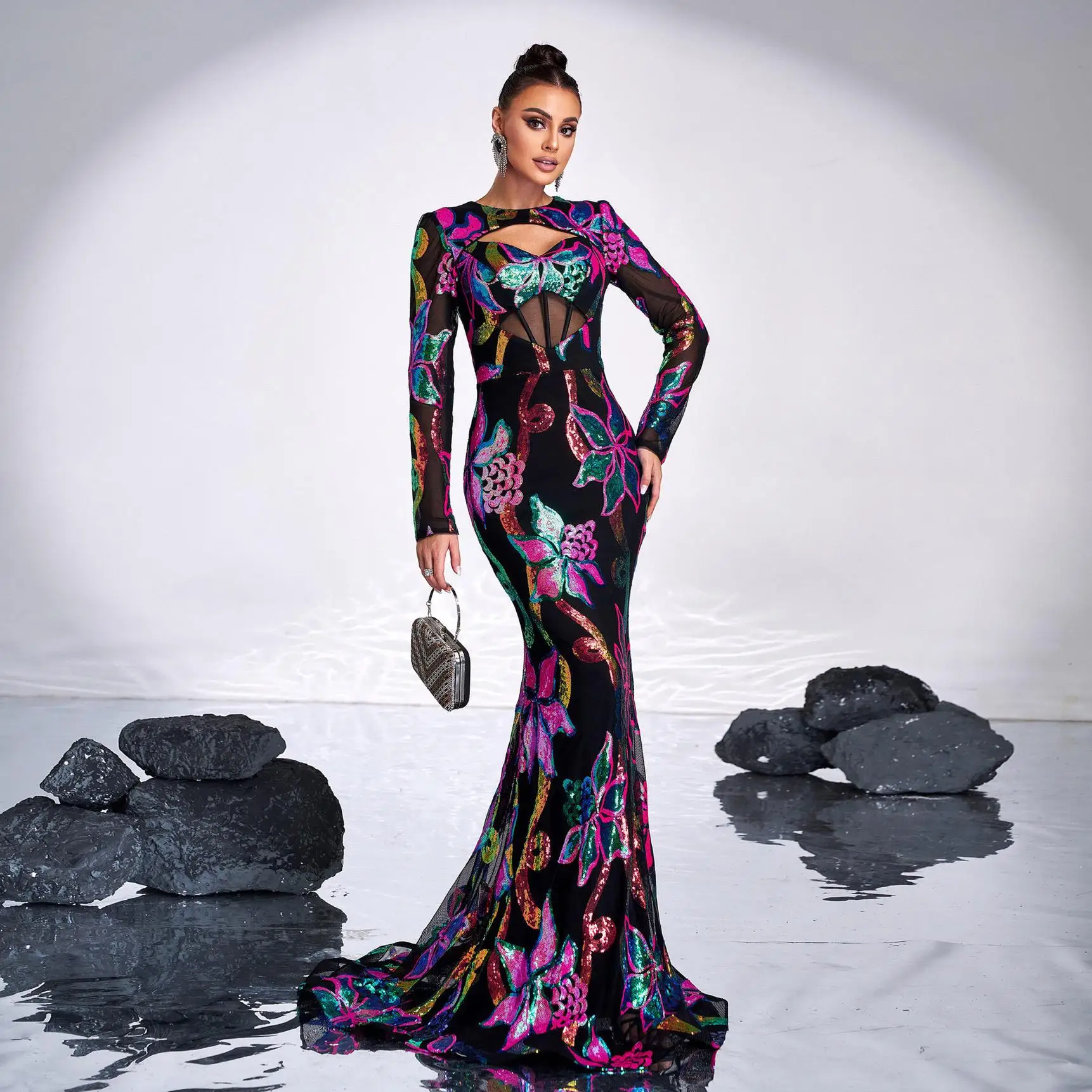 Abito da sera con paillettes floreali Lungo Sve Compleanno Formale Ocn Dr Poliestere 00% Collezione Faion Autunno 2024 da donna