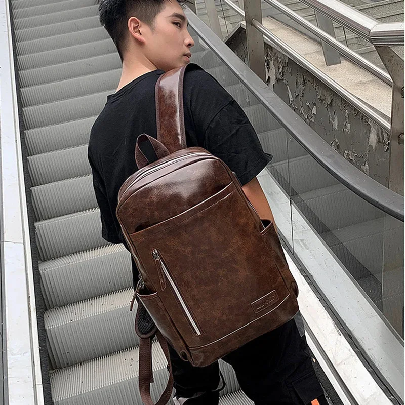 New Business Men Leather Korean Style Schoolbag Large Capacity Laptop Bag Luxury Waterproof Male Travel Backpack