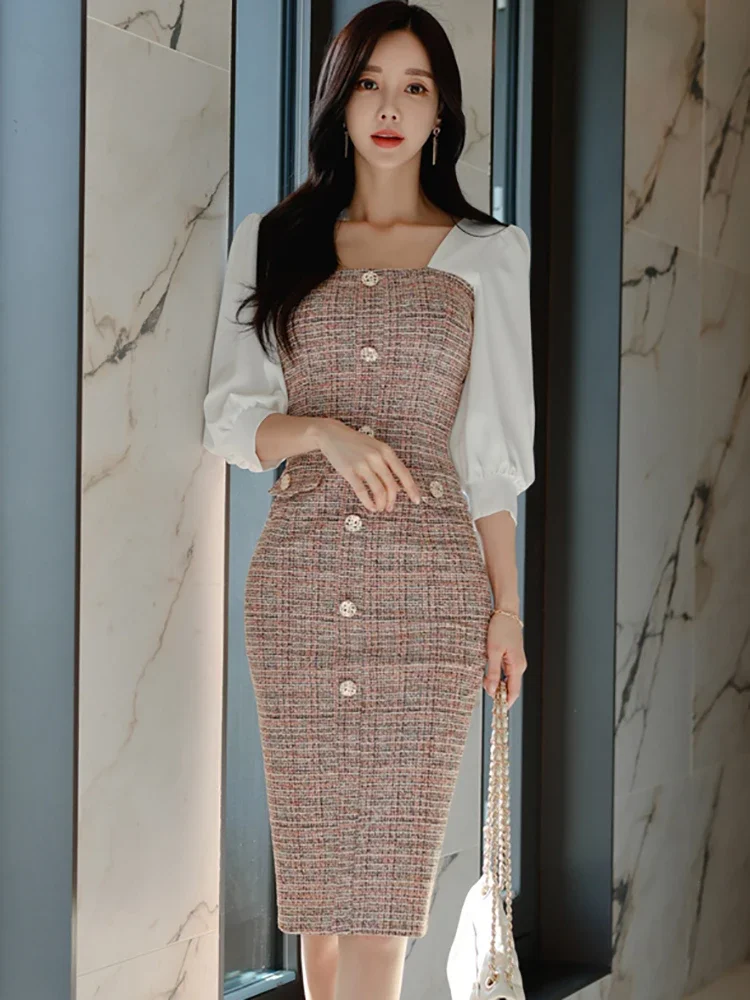 Women Korean Vintage Bodycon Party Vestidos 2025 Plaid Square Collar Chic Office Lady Dress Autumn Winter Elegant Casual Dresses