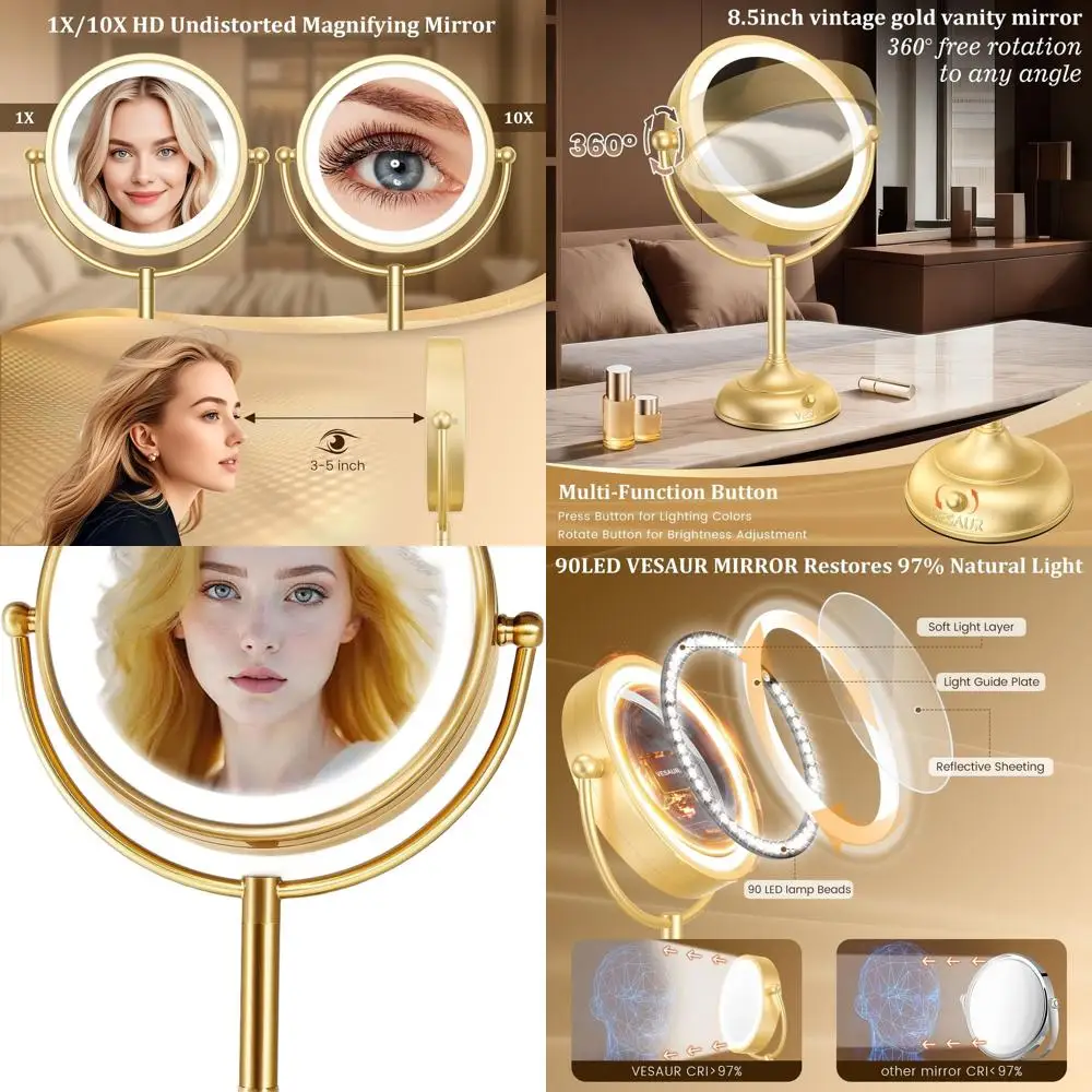 Miroir de maquillage LED double face doré 1X/10X de 8,5 pouces avec éclairage réglable et 360 °   Base pivotante