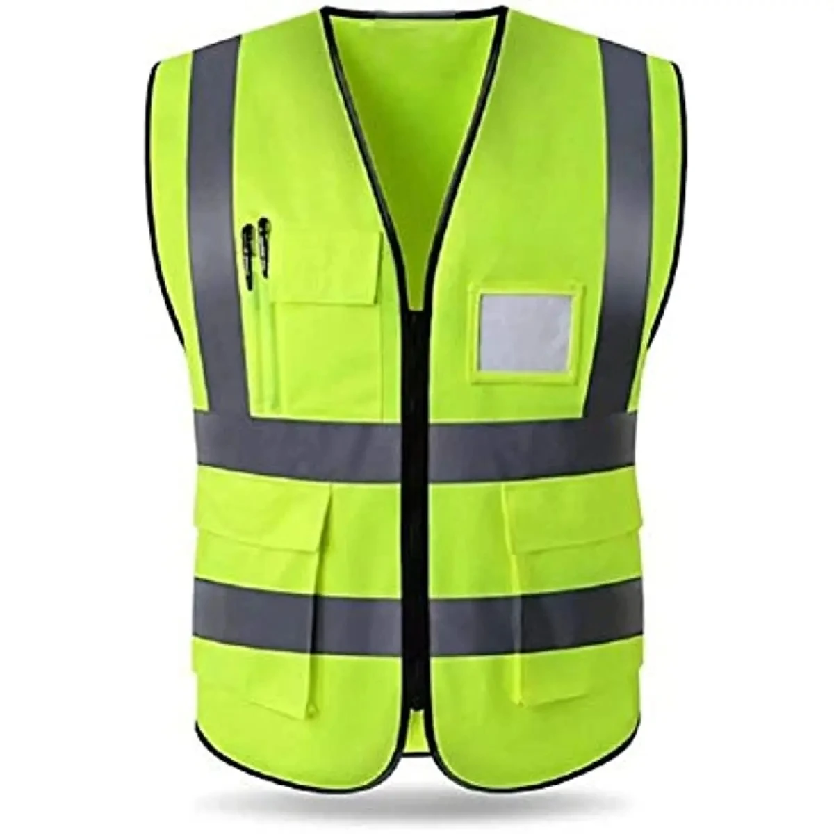 High Visibility Reflective Safety Vest with Pockets and Zipper Front, Neon Yellow, Meets ANSI/ISEA Standards