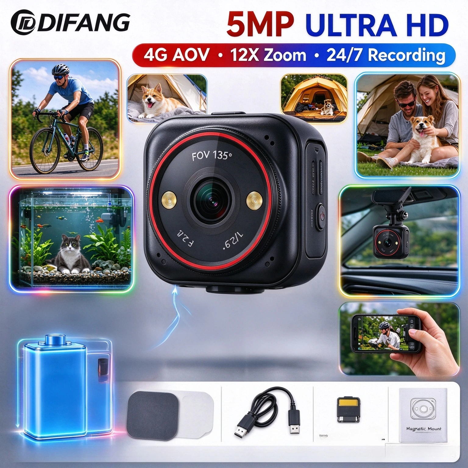 4G Mini Camera Outdoor AOV12X Zoom Vlog Record Waterproof 4G IP Camera Action Mini Vlog Cam Home/Sport Security