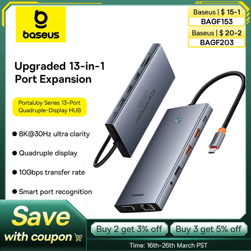 【Limited Offer】Baseus USB Hub Type C to Dual HDMI 4K 60Hz 30Hz VGA PD 100W Fast Charging USB A 3.0 5Gbps MST Display for Windows