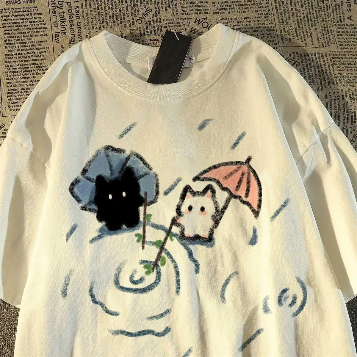 Short-sleeved T-shirt with A Cute Black and White Japanese Cat Pattern A Summer Short-sleeved Top.women Clothing Graphic Tshirts
