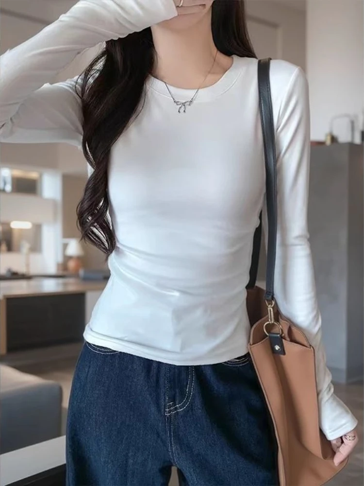 O Neck Long Sleeve Solid Undershirt New Slim Trendy Simple Office Lady T-shirt Minority Harajuku Moda Elegant Top Female