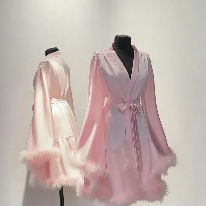 New Silky Satin Robes Luxury Feather Bridesmaid Bride Robes Wedding Long Robe Dressing Gown Bathrobe Womens Robe Lingerie Robe