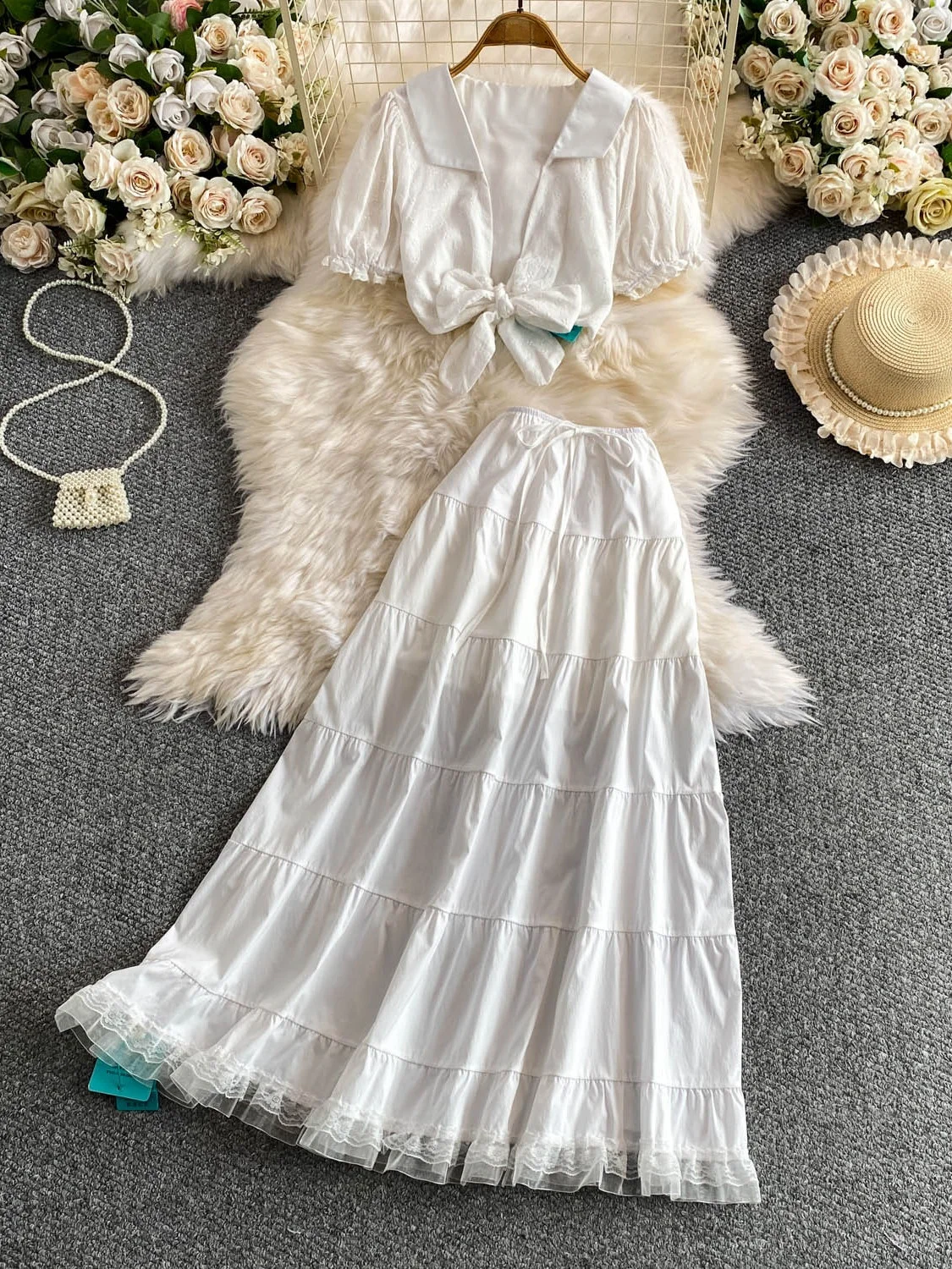 Elegant Lace Patchwork Bubble Sleeve V-neck Strapless Top with High-waisted Skirt Set Summer Vacation Style Sexy Chic