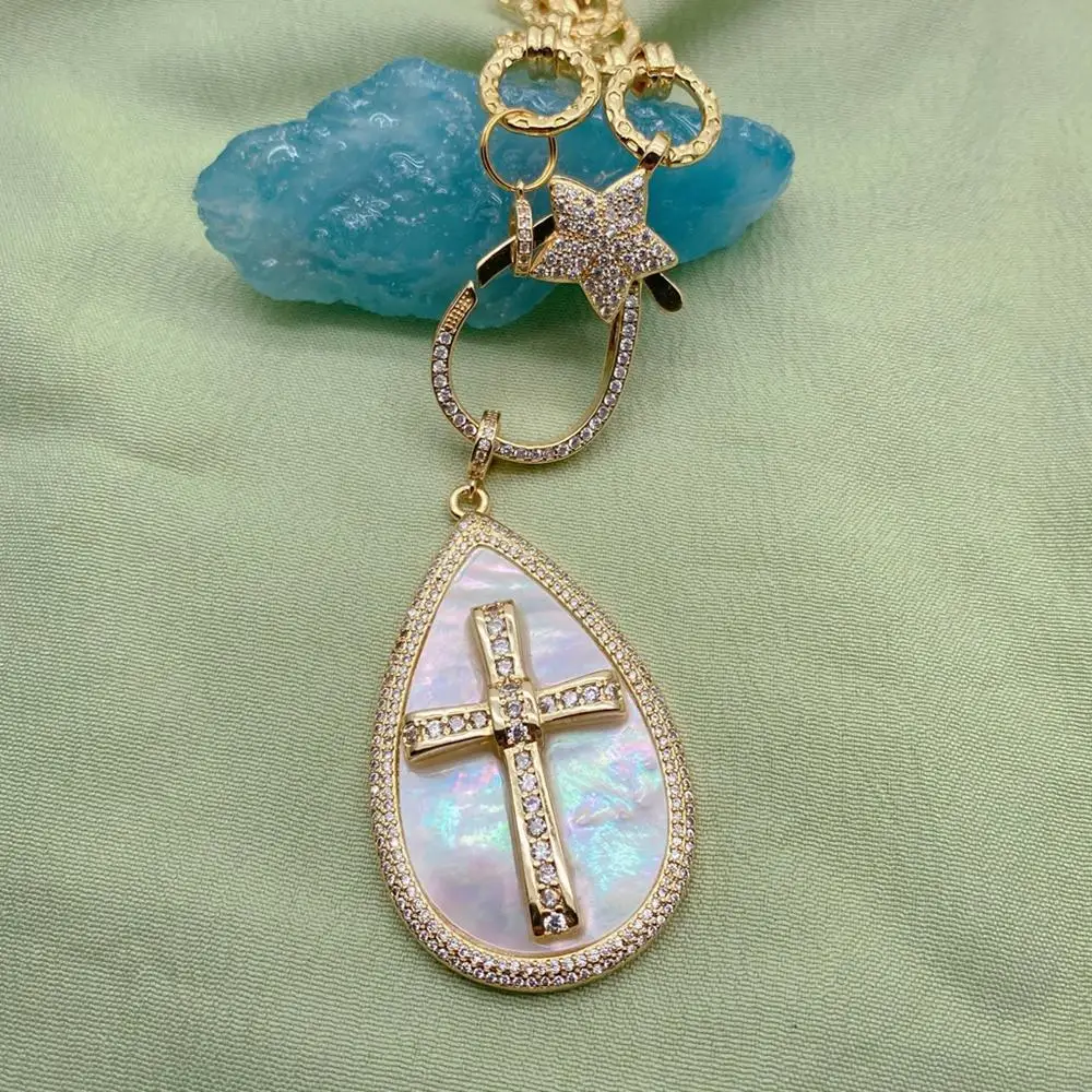 Y·YING Natural White Sea Shell Cz Pave Crucifix Pendant Gold Plated Chain Necklace