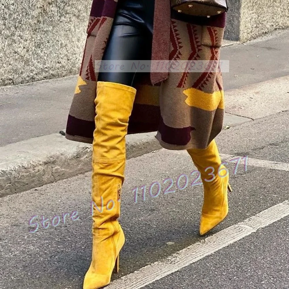 Yellow Suede Splicing Long Boots Women Vintage Streetwear Pointed Toe Over Knee Boots Ladies Green High Heels Sexy Side-zip Shoe