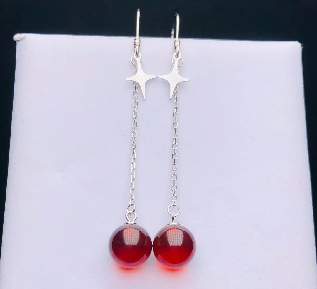 Certificated 925 Sterling Silver Baltic Red Amber Ear Hook Natural Stone Star Drop Dangle Threader Earrings Female Basic Jewelry