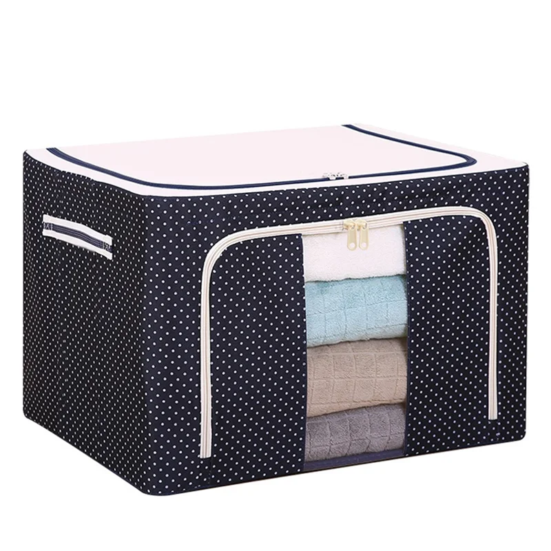 HITL 66L Oxford Fabric Clothing Storage Box with Steel Frame Folding Bag Clear Zipper for Clothes