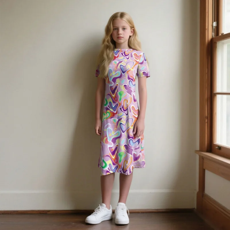 Girls Fashion Tie Dye Heart Print Short Sleeve Dress