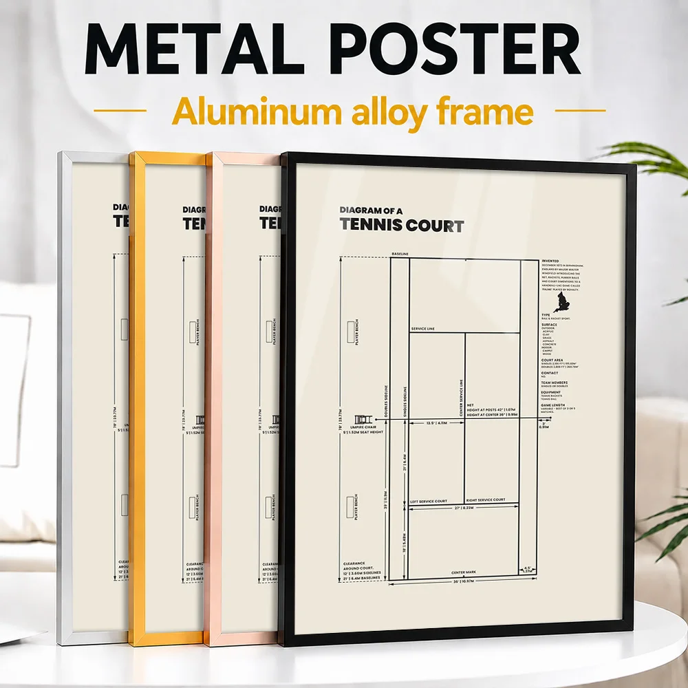 Tennis Court Diagram Framed Metal Print Customized Photo Technical Reference Style Wall Art For Home Office Memorable Fan Gift