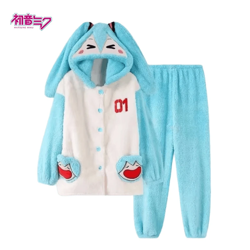 初音ミクパジャマ秋と冬の新しい日本のフード付きコーラルベルベット厚みのあるパジャマかわいいミクホーム服女の子のためのギフト