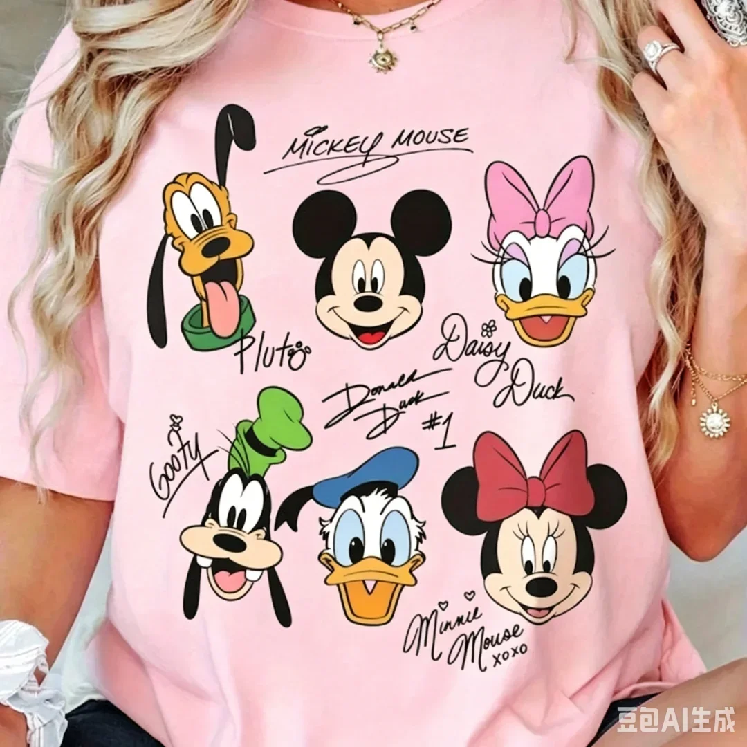 2026 Summer New  T-shirt Casual Loose Short Sleeved Printed with Mickey Duck Donald Duck Men Women Families Children