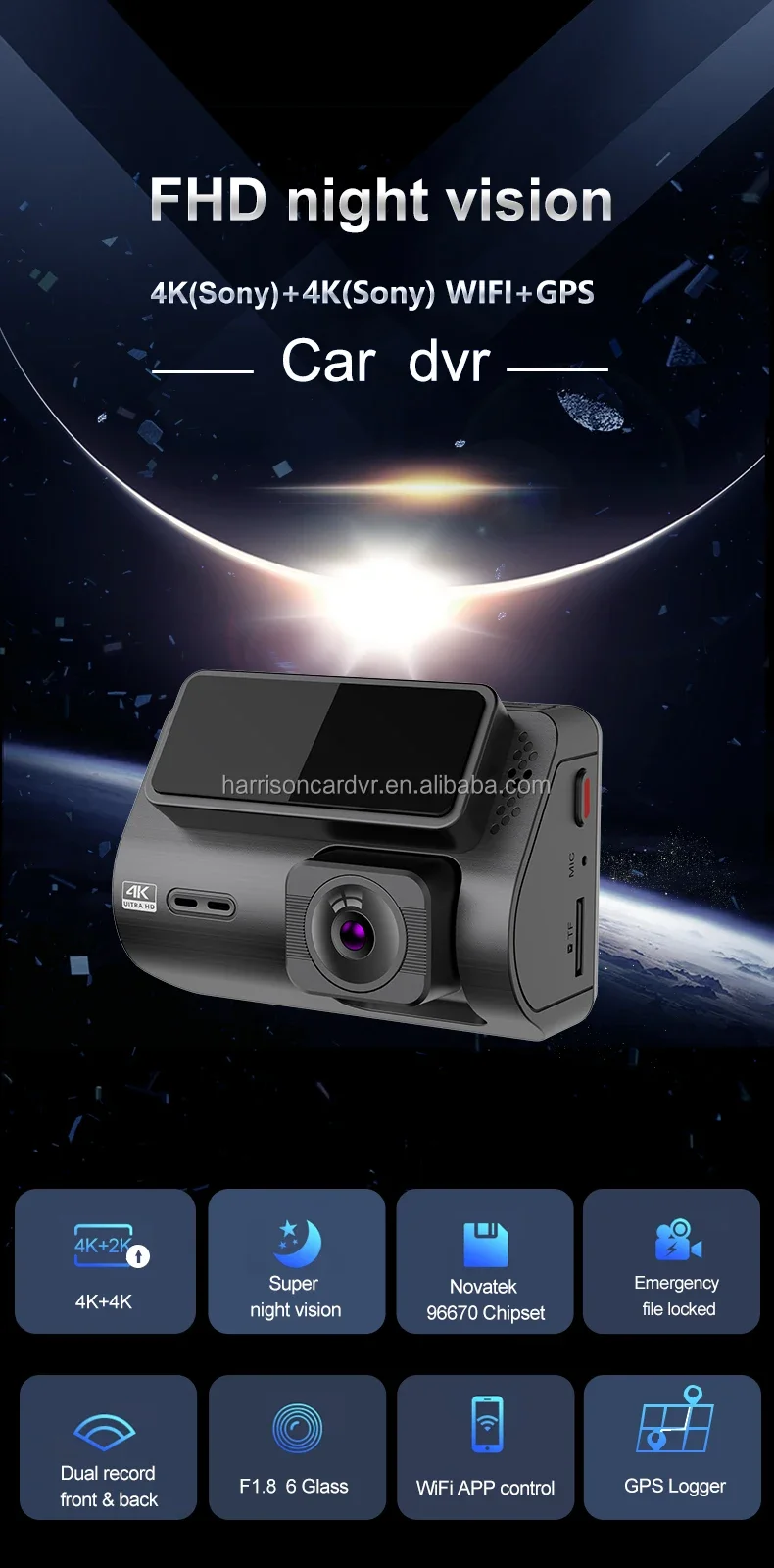 4k+4K Dashcam With Wifi Gps Car Dvr 2 Camera Mini 4k Sony Dash Cam Dual Lens Front And Rear Dash Cam