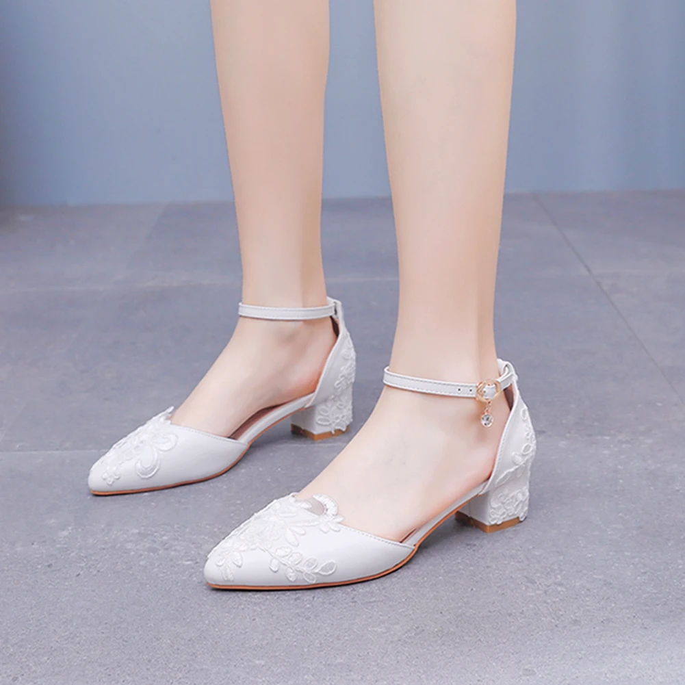 

Women Pointed Toe Pumps Ankle Strap Chunky Low Heels Sandals Designed White Lace Wedding Shoes