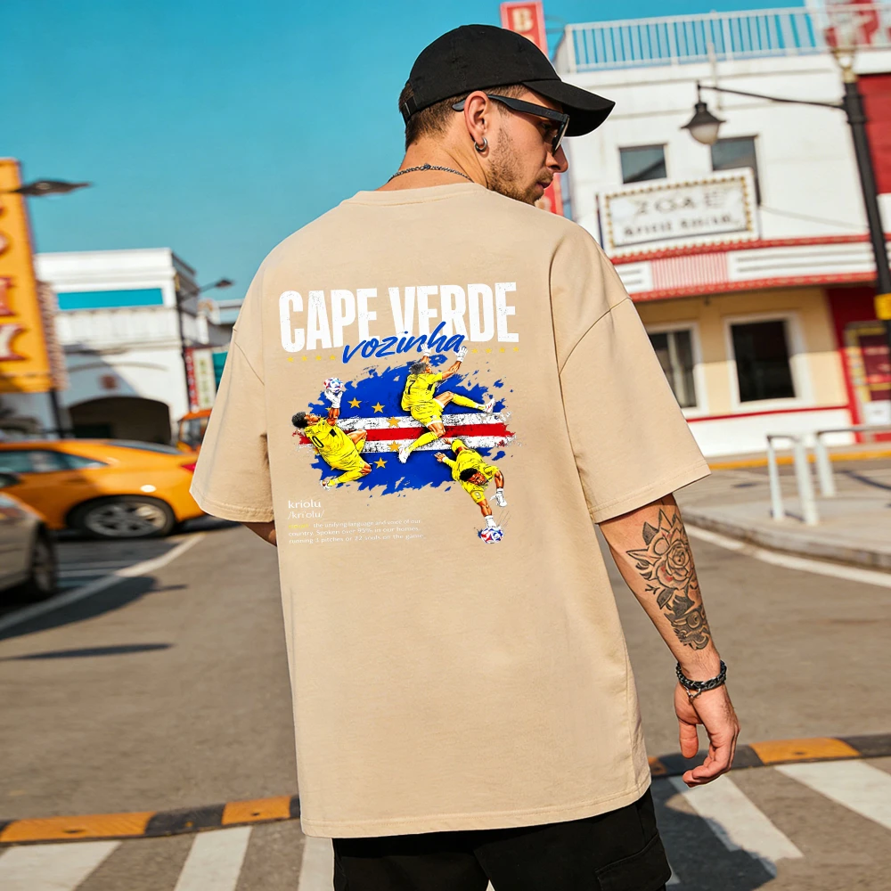 Vozinha Cape Verde Three Dynamic Goalkeeper Save Unisex Cotton T-Shirt Collage National Flag Splash Background Football Fan Tops