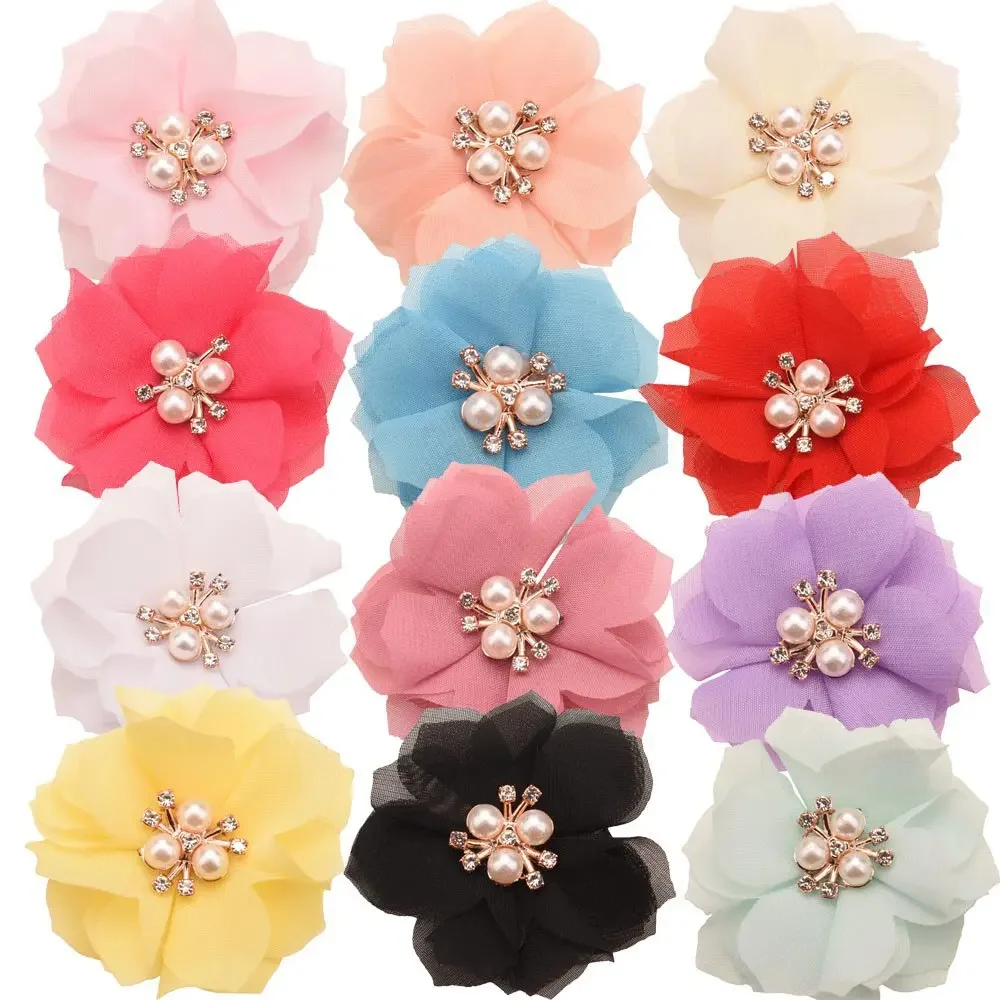 6cm Chiffon Right Angle Flower Drill Flower Core Three Pearl Rhinocaster Bougainvillea Handmade Flower Fashion Hair Accessories