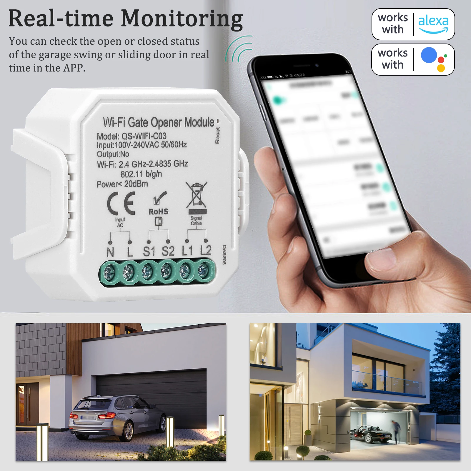Tuya WiFi Garage Door Opener Controller Mobilephone Remotely APP Control Compatible with Alexa Google Home for Voice Control