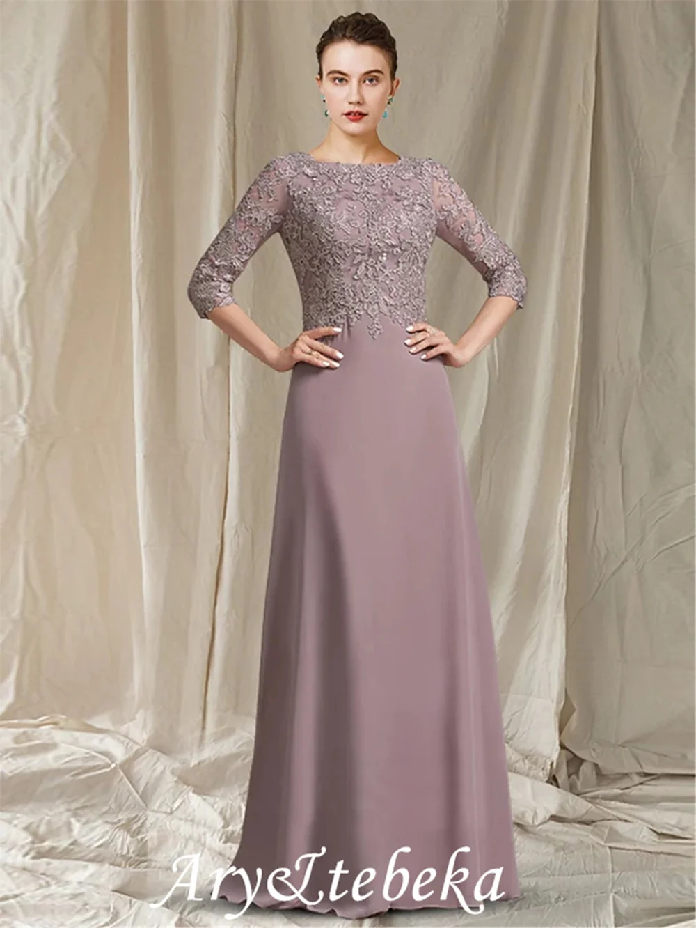 

A-Line Mother of the Bride Dress Elegant Jewel Neck Floor Length Chiffon Lace 3/4 Length Sleeve with Appliques