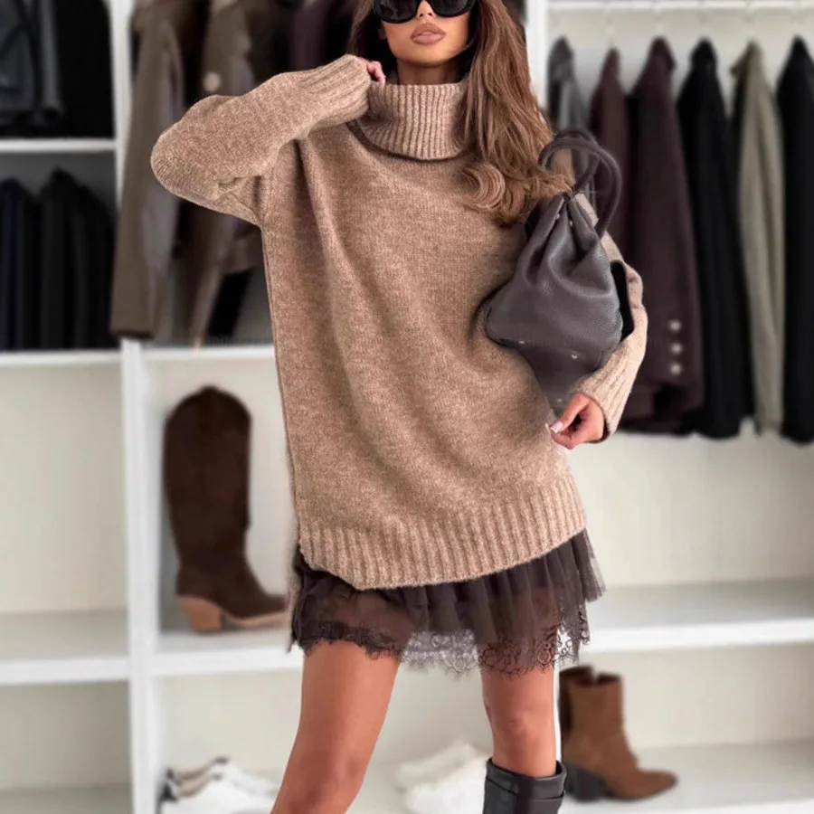 Per la primavera inverno nuovo stile moda di strada manica lunga comoda fibra collo alto abito maglione tinta unita