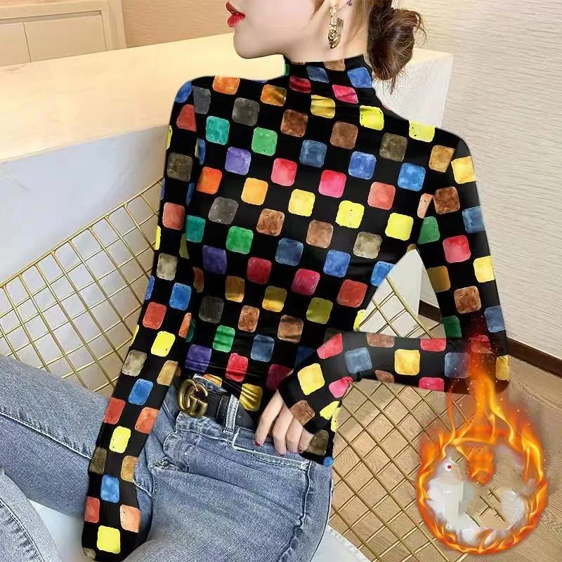 

Women's Half High Collar T-shirt Underlay New Fashion Commute Printing Plaid Long Sleeve Pullover Slim Tops Autumn and Winter