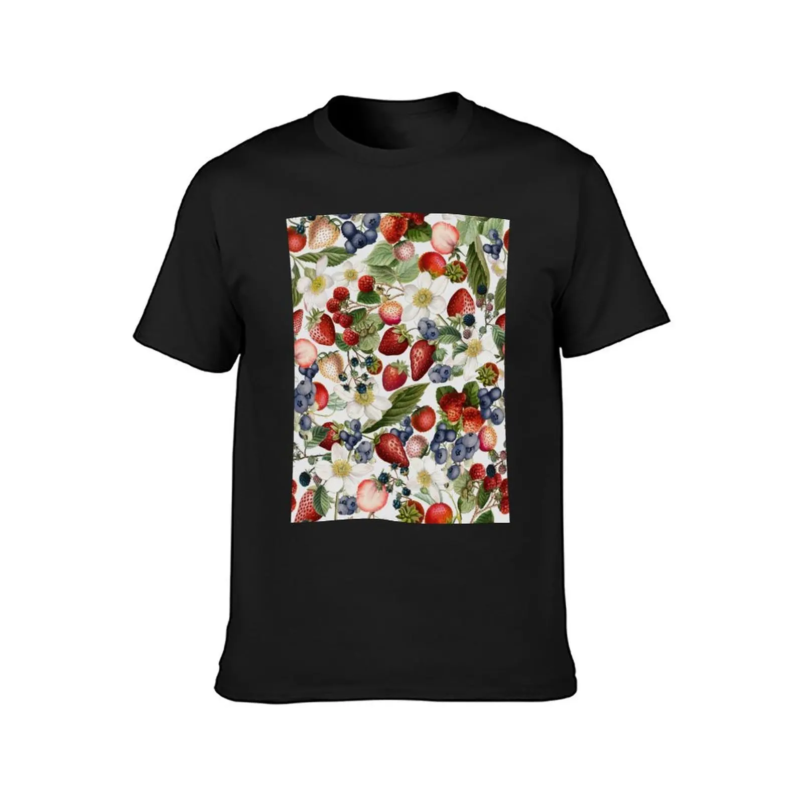 Strawberries And Blueberries Dance - Summer Pattern dark colors- white T-Shirt kawaii clothes customs mens t shirts