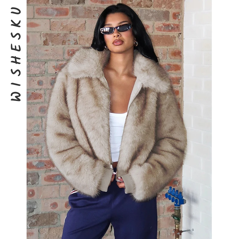 

Vintage Women's Faux Fur Jackets Long Sleeve Lapel Pockets Zipper 2025 Winter Coats Lady High Street Woman Outerwear