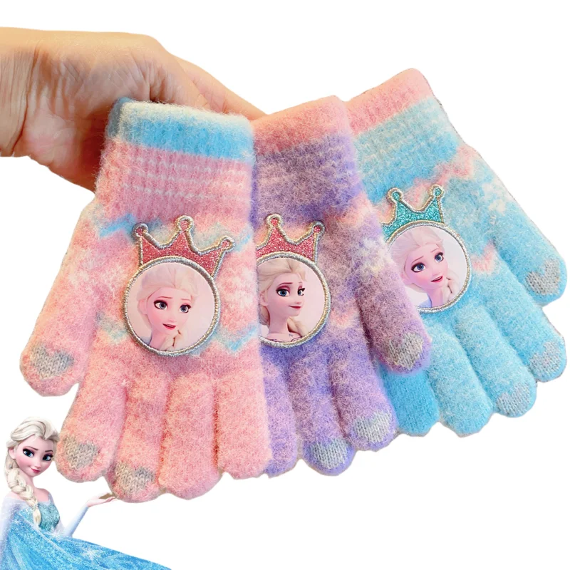 قفازات الأصابع الجليدية والثلج الأميرة إلسا فتاة محبوكة الكرتون الشتاء الدافئة خمسة أصابع قفازات شاشة اللمس للأطفال #1