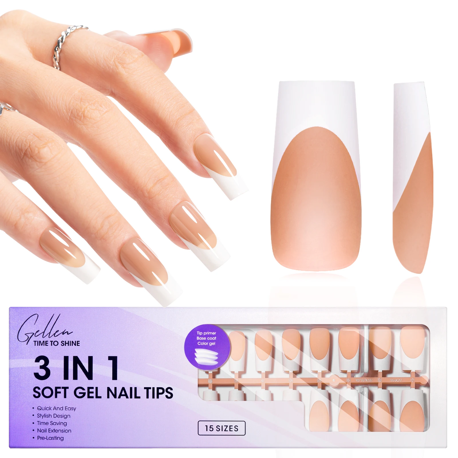 

GELLEN 150 шт. Накладные ногти-гробики с французским кончиком, мягкие гелевые искусственные ногти, полное покрытие, многоразовые, глянцевые, для маникюра