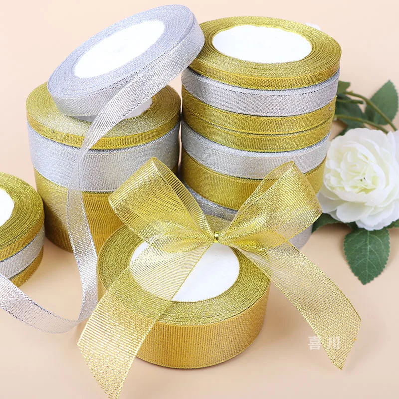 22meters/roll 6/10/15/20/25/40/50mm Gold silver Glitter Ribbon Wedding Cake Gift Decoration Craft Supplies Organza DIY Ribbon