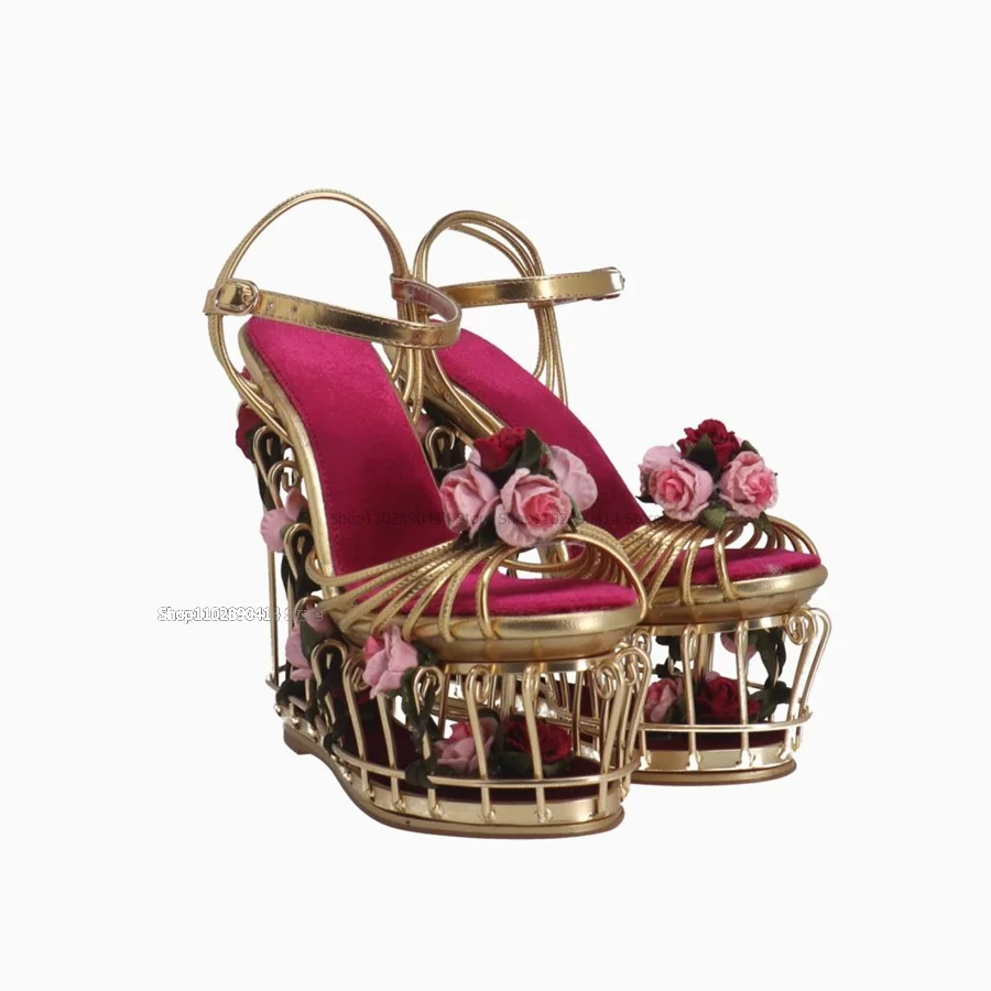 Flower Decor Metallic Hollow Platform Sandals Hollow Cut Heel Women Shoes Ankle Buckle Strap Peep Toe Fashion Zapatillas Mujer