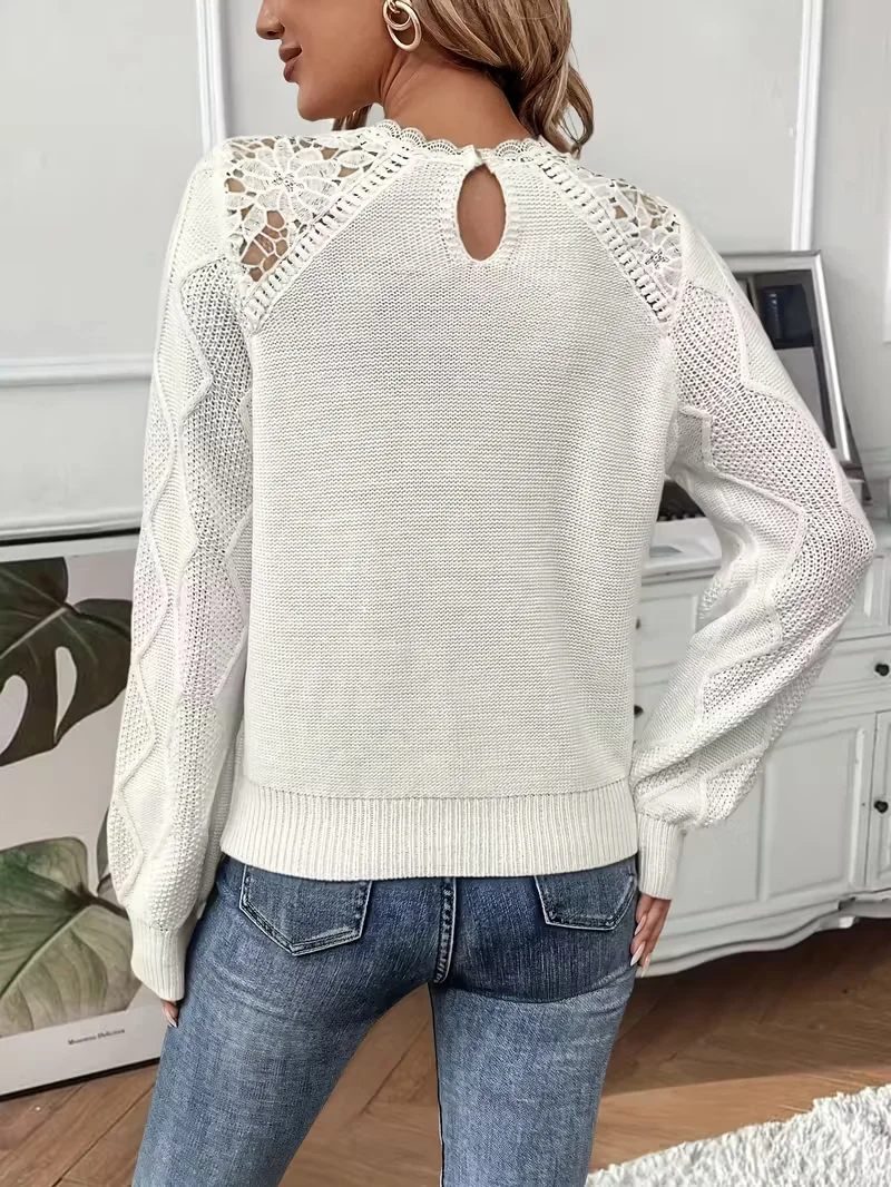 Suéter de malha de renda grossa elegante feminino, cor sólida em torno do pescoço de manga comprida casual solto pulôver macio, pulôver de renda pullo