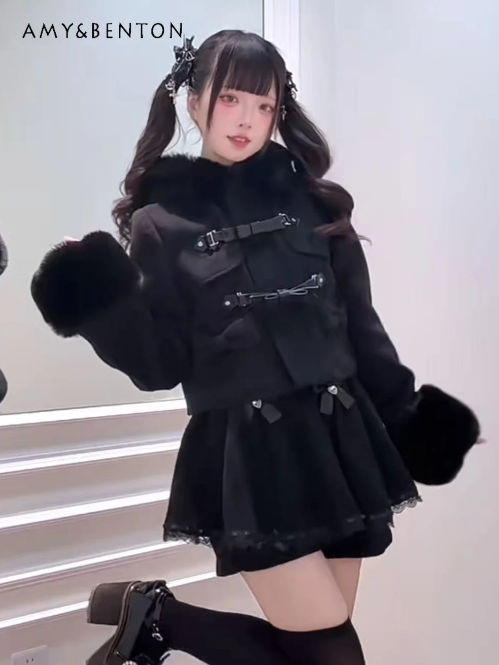 

Original Lolita Style Bowknot Slim Wool Coat Mine Series Mass-Produced Japanese Cute Plush Hooded Thickened Short Woolen Jacket