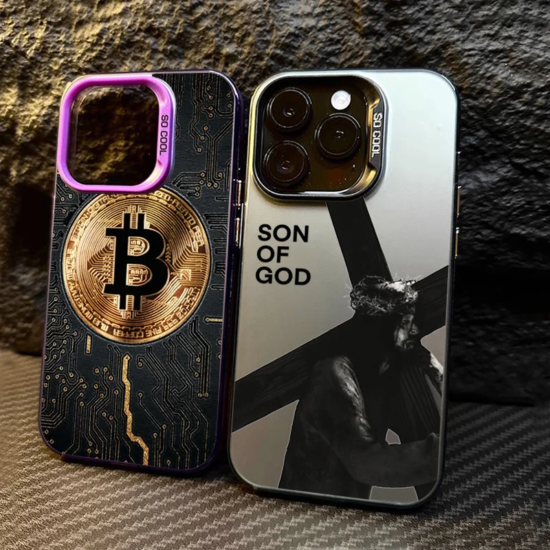 Luxury Bitcoin For iPhone Case 16 15 14 13 12 11 Pro XR XS Max 7 8 Plus Phone Electroplate Colored Silver IMD Shockproof Cover