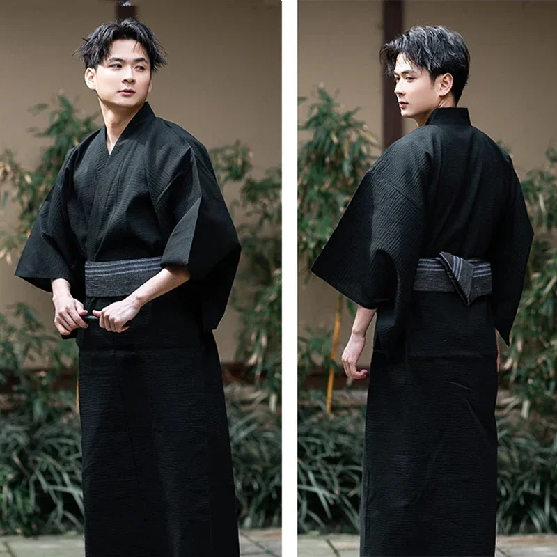 2024 Japanese Traditional Samurai Kimono Men Yukata Bathing Robe Hekoobi Loose Style Sauna Wear Homewear Belt Long Gown Cotton