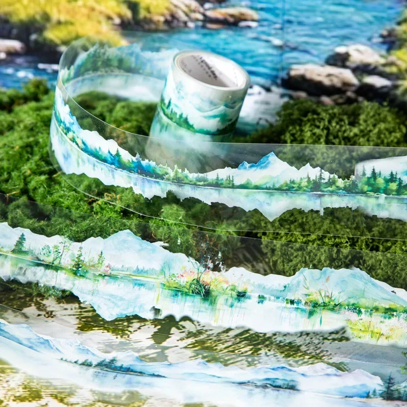 접착식 pet 테이프 롤, 산림 조경 반사 물 스티커, 콜라주 재료 테이프, 스크랩북, 1 롤, 2M, 50mm * 2m