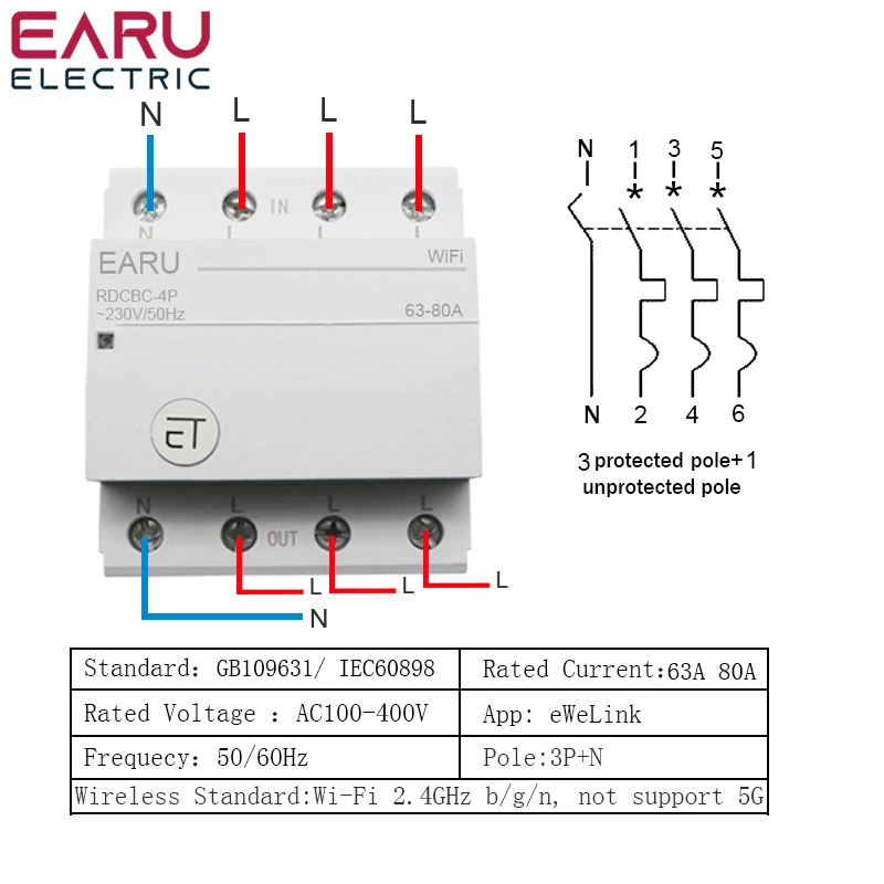 3P+N Din Rail WIFI Circuit Breaker Smart Timer Switch Relay Remote Control By eWeLink  APP Smart Home  With Alexa Google Home