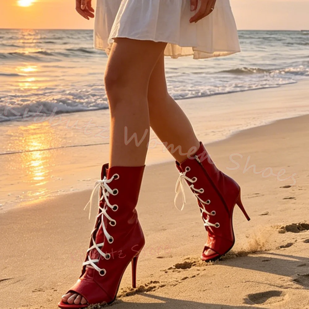 Chain Ankle Strap Sandals Peep Toe Stiletto Heel Cross Lace-Up Leather Solid Color Fashion Elegant Concise Sexy Novelty Summer