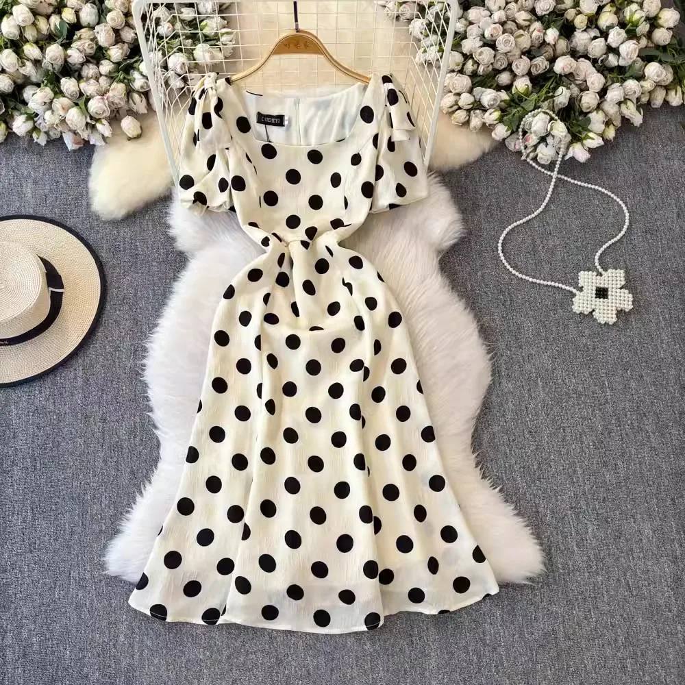 

Beige Dot Square Collar Dress Women Elegant Puff Sleeve Streetwear Clothing Lady Runway Design Vintage Vestidos Bodycon
