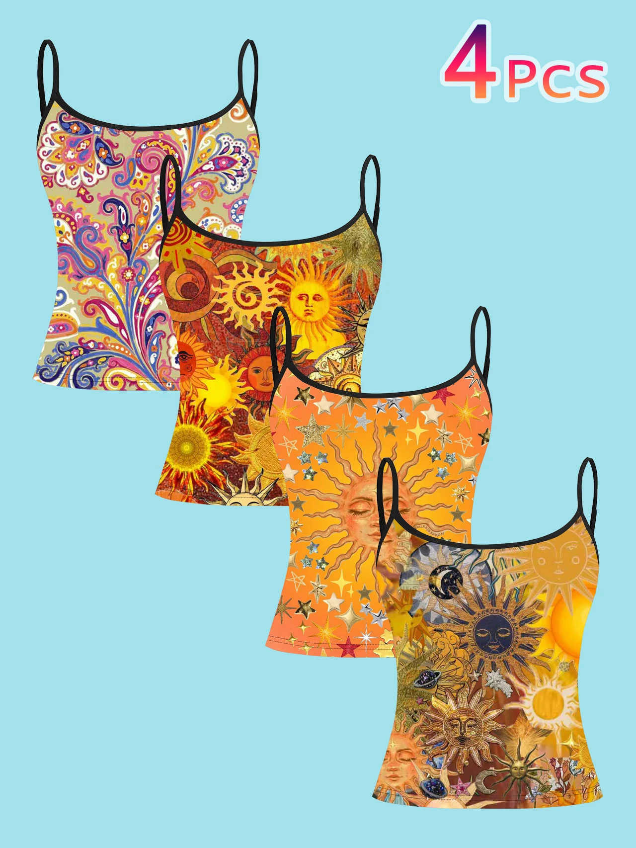 4-Piece Set of Women's Spaghetti Strap Camisoles, Vintage Sun Face and Star Paisley Pattern All-Over Print Slim Fit Sleeveless Tops, Bohemian Hippie Style Outerwear and Innerwear Base Layer Shirts