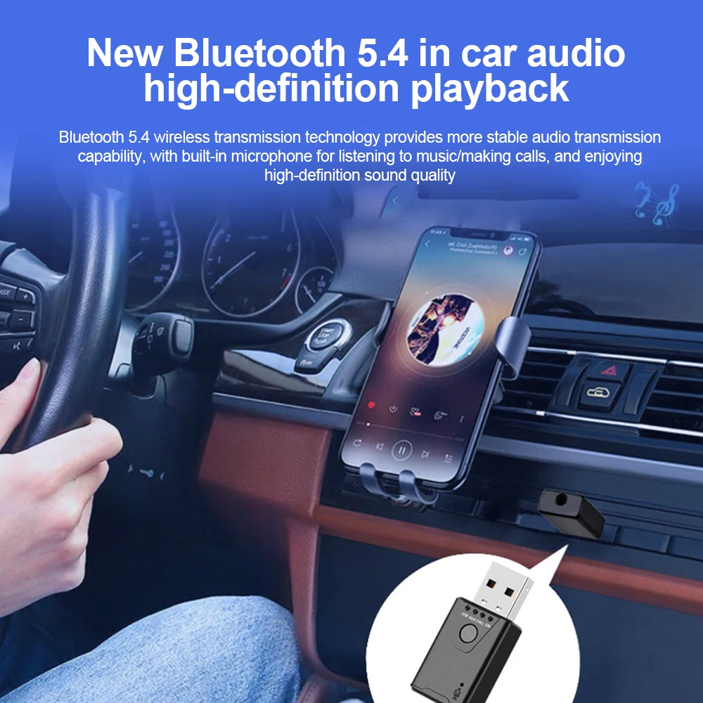 Bluetooth 5.4 Audio Receiver Transmitter USB To 3.5mm AUX Car Wireless Music Adapter With MIC for Car Kit TV PC Headphone