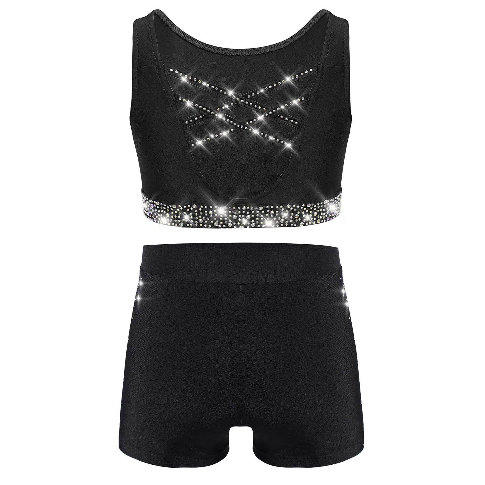 Girls Gymnastics Latin Ballet Dance Outfit U Neck Crisscross Back Cropped Vest and Shorts Gym Yoga Workout Performance Dancewear