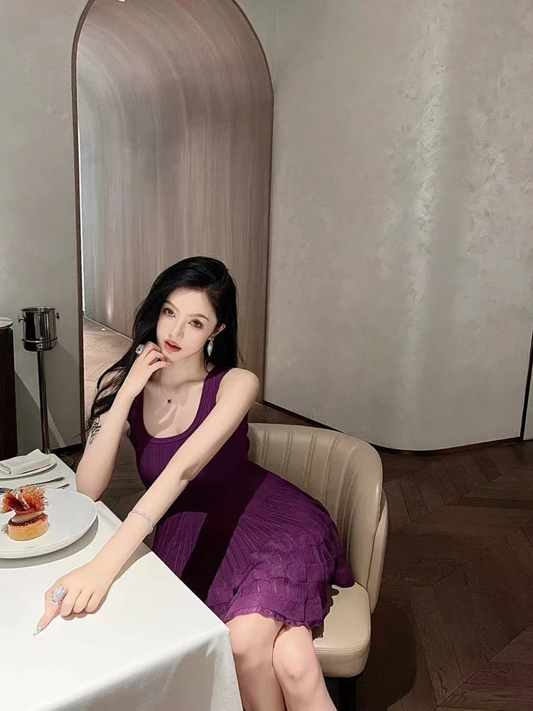 Stretch Slim Knit Sleeveless Dresses Temperament Sexy Peplum Purple Women\'s Dress 2025 Spring New
