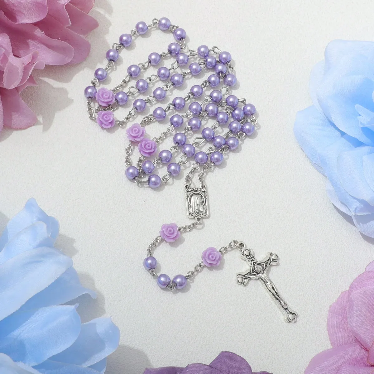 اللؤلؤ الديني العتيقة الأرجواني الصليب الوردية قلادة القلائد يسوع سانت بنديكت مطرز قلادة للرجال النساء المجوهرات #1