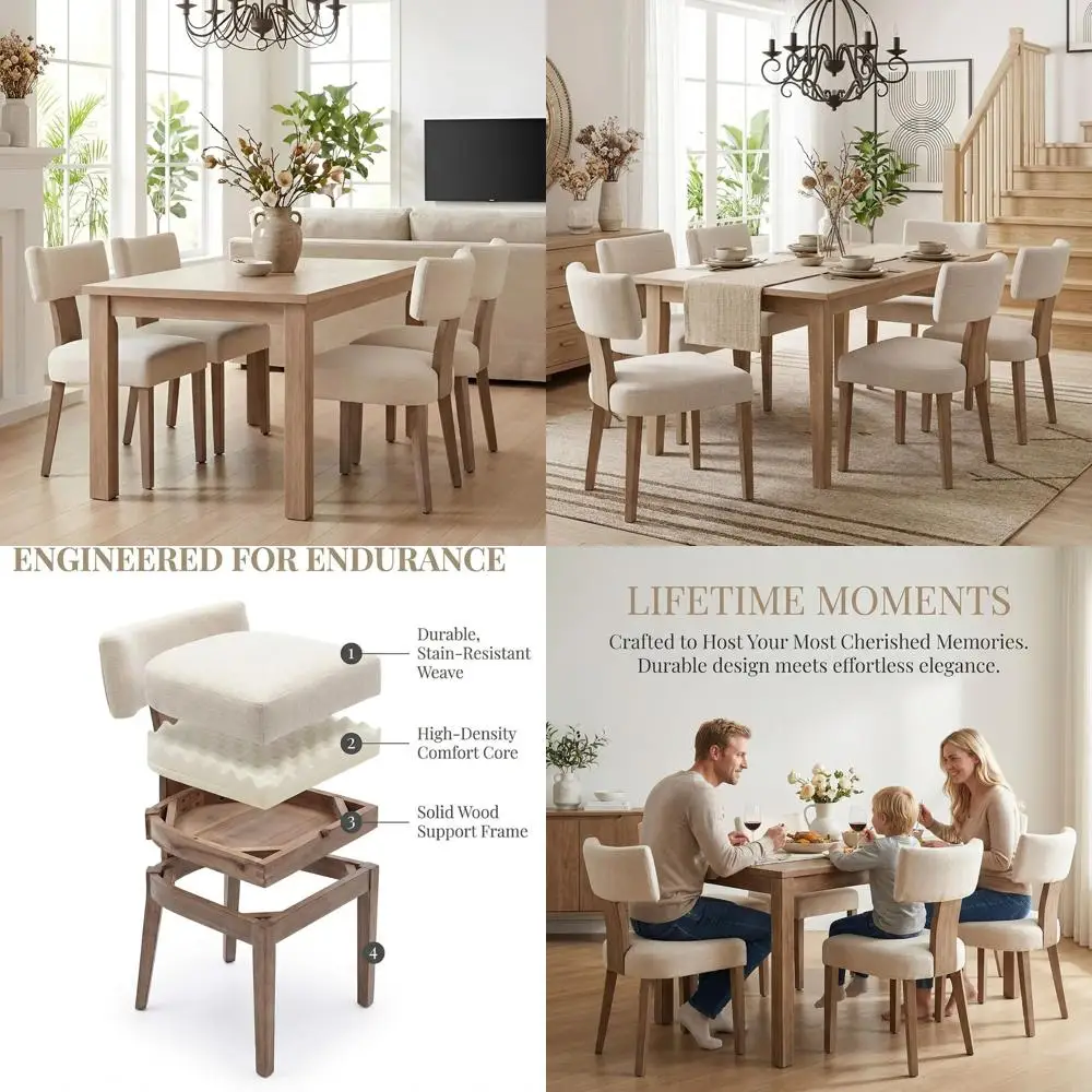 

armhouse Dining Chairs Set o 4, Beige Upholstered Century ern Kitchen Chairs with Natural Wooden Legs, Linen abric Dining Chairs