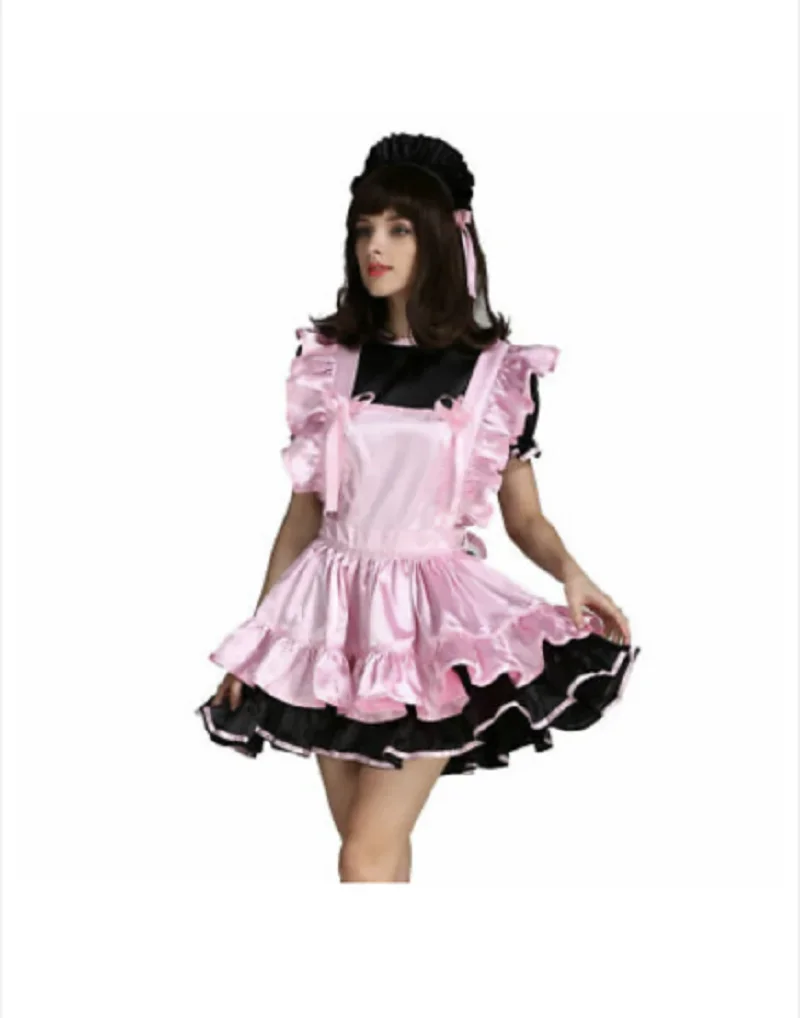 Sexy Cute Maid Cosplay Sexy Lockable Sissy Satin Pink Dress Adult Customization