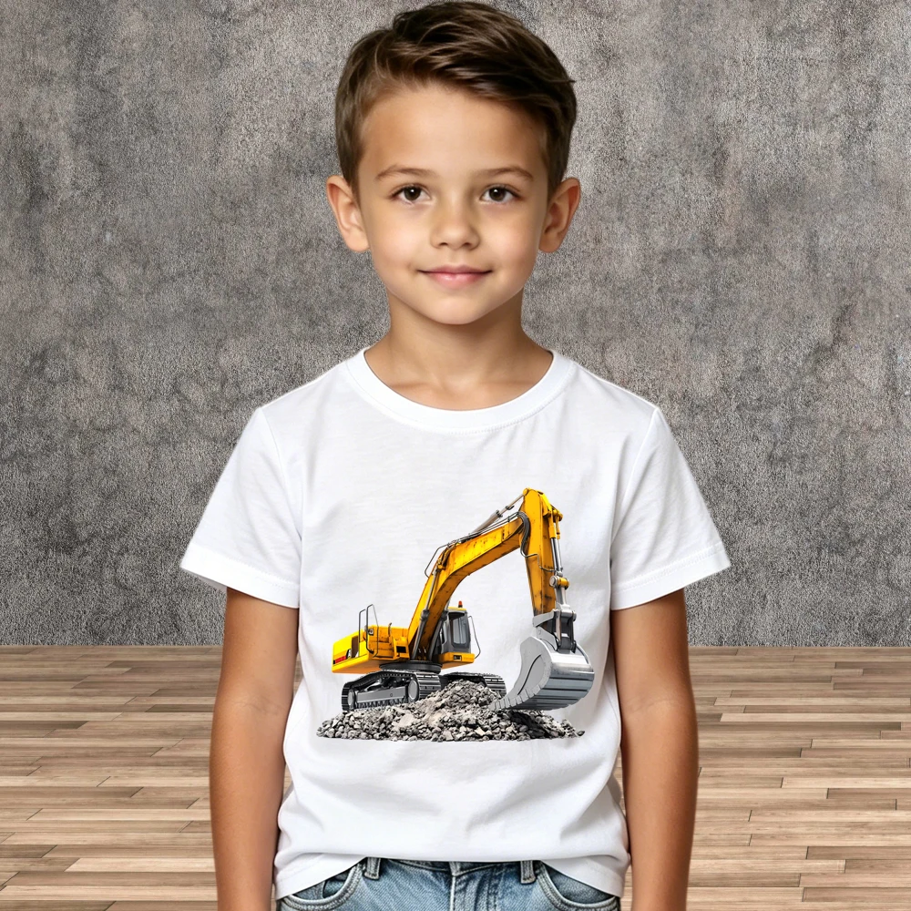 Boys Daily Casual T-shirt Cartoon Excavator Pattern Cotton Summer Short Sleeve Shirts
